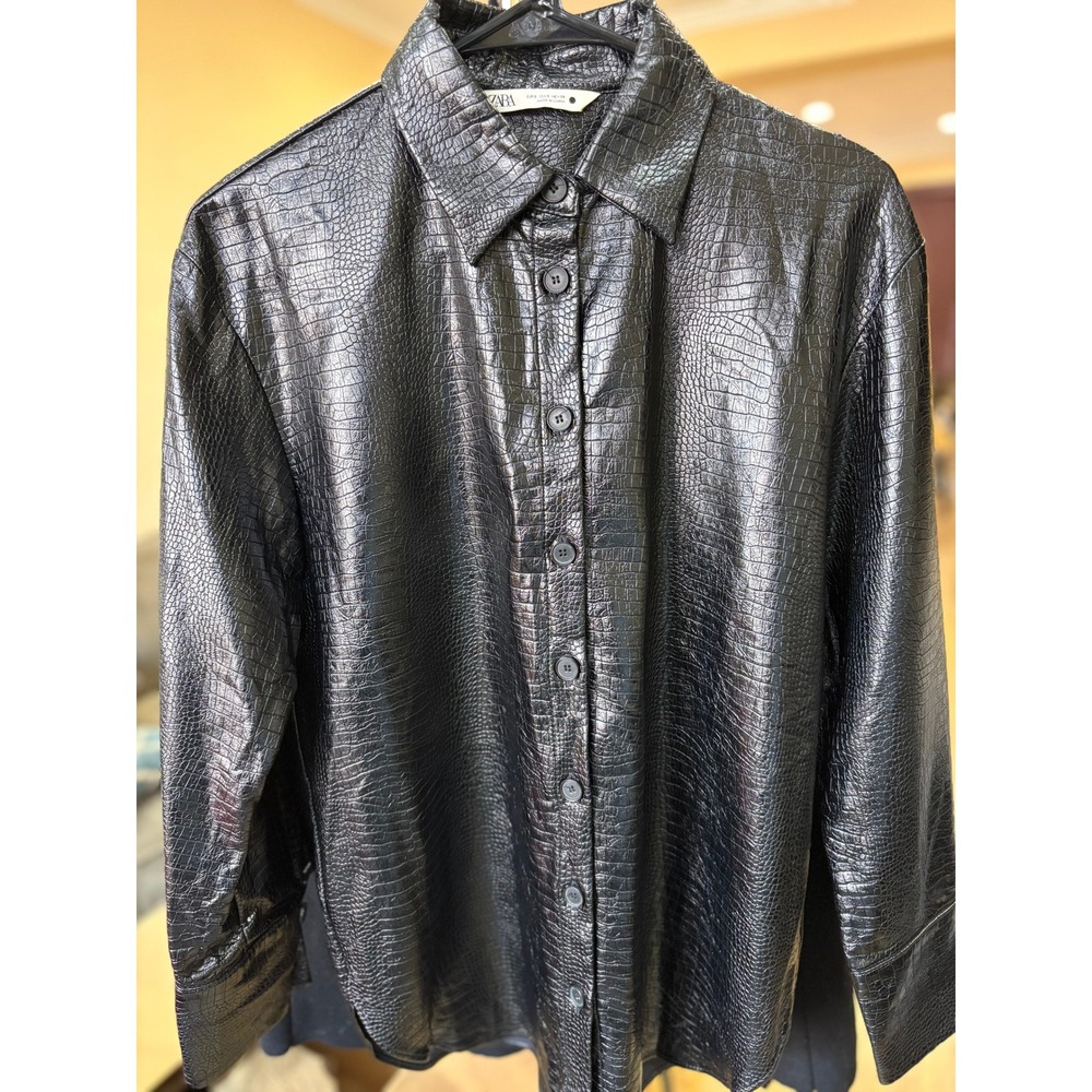 Zara Black Croc Embossed Faux Leather Button Down Shirt Small